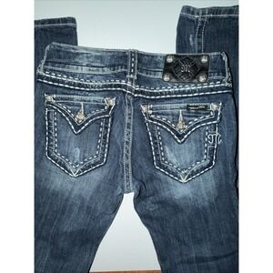 Miss Me Low Rise Boot Cut Jeans Blue Size 27 Stretch Bling Flap Pocket Women's